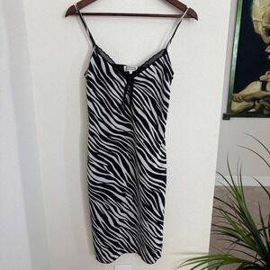 Y2K Etam Black White Zebra Print Slip Dress Lace Trim Spaghetti Strap Midi